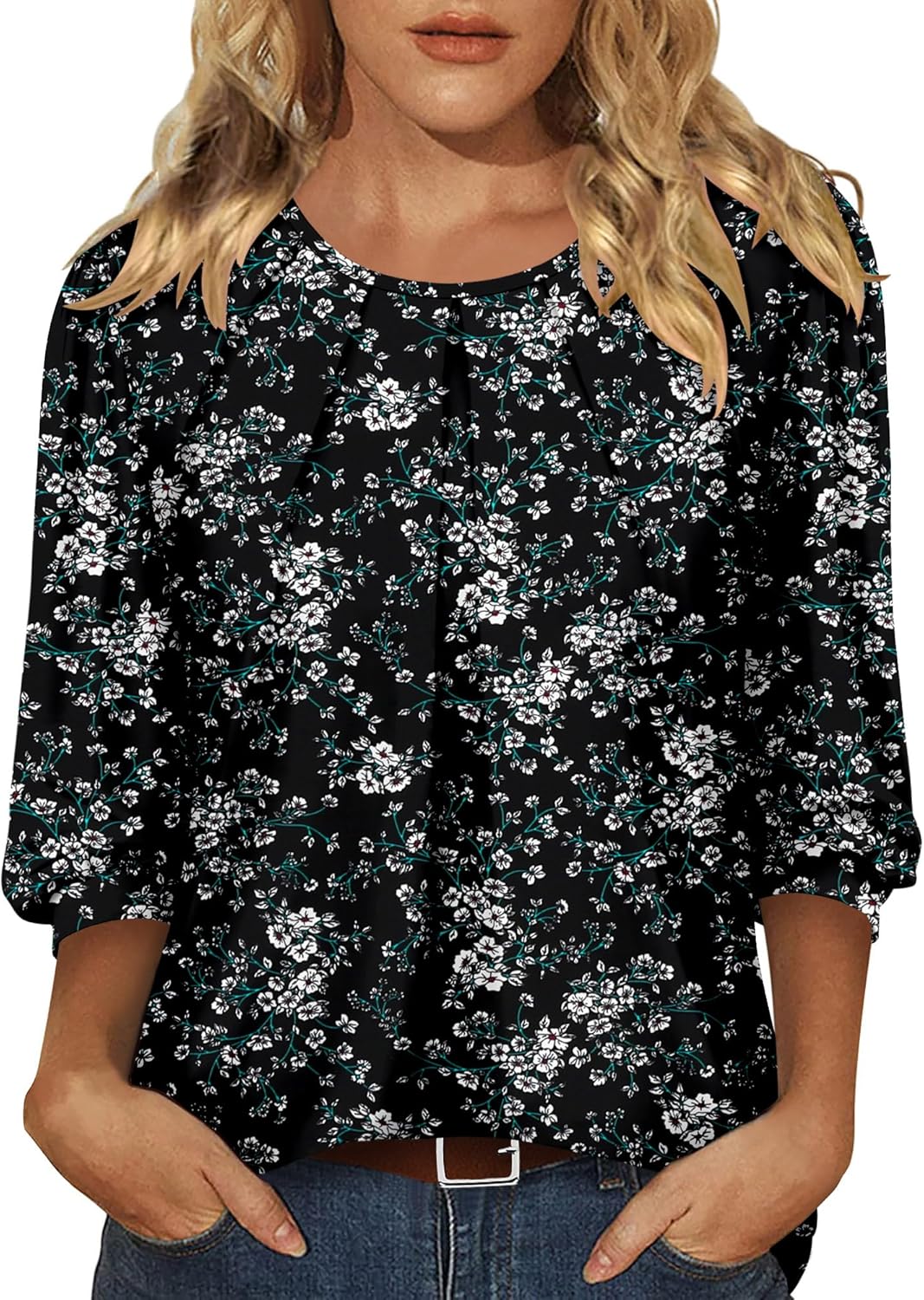CRAZY GRID 3/4 Length Sleeve Women Tops Crewneck Pleated Cute Blouses Dressy Casual Summer T Shirts Loose Fit