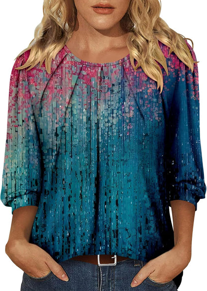 CRAZY GRID 3/4 Length Sleeve Women Tops Crewneck Pleated Cute Blouses Dressy Casual Summer T Shirts Loose Fit