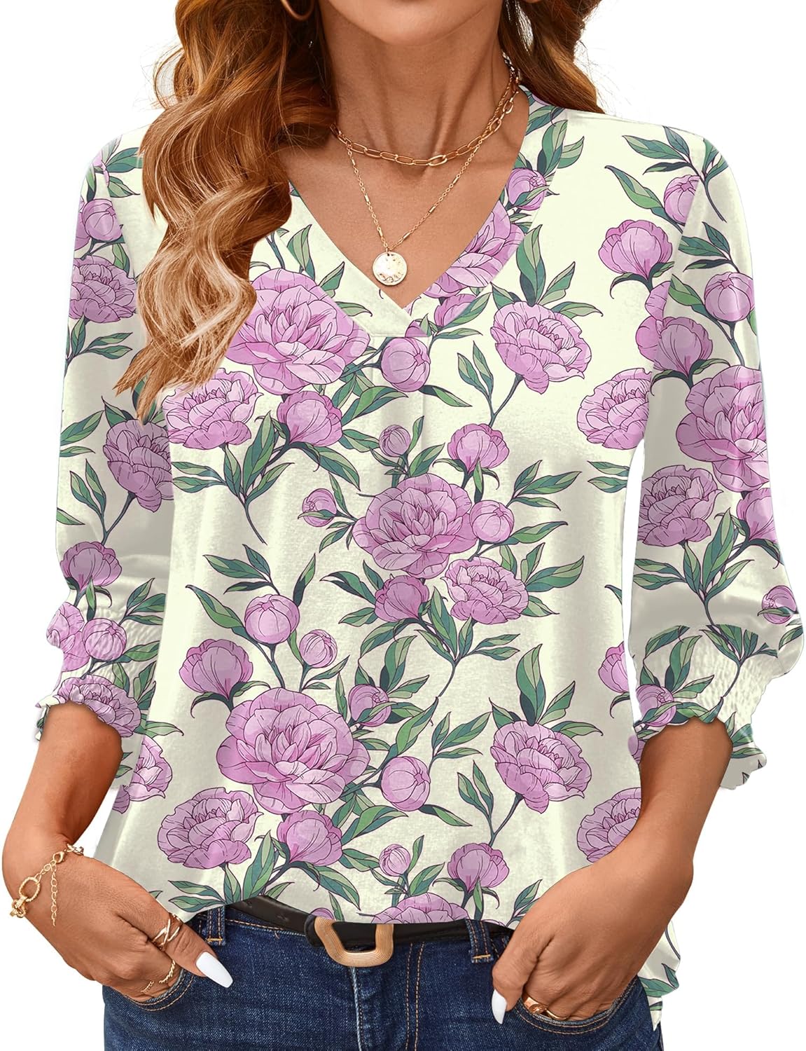 AKEWEI 3/4 Length Sleeve Womens Tops Summer Fashion V Neck Business Casual Blouses Smocked Shirts