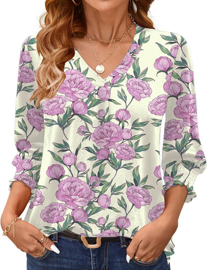 AKEWEI 3/4 Length Sleeve Womens Tops Summer Fashion V Neck Business Casual Blouses Smocked Shirts