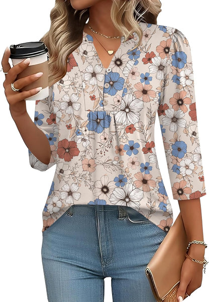 IECCP 3/4 Length Sleeve Womens Tops Dressy Casual Henley V-Neck Summer Tops Pleated T-Shirts Loose Fit Work Blouses