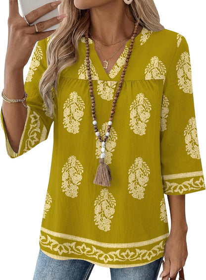 Rapbin Womens 3/4 Sleeve V Neck Boho Pleated Blouses for Women Dressy Casual Loose Fit Tops