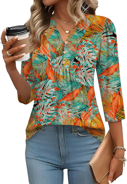 IECCP 3/4 Length Sleeve Womens Tops Dressy Casual Henley V-Neck Summer Tops Pleated T-Shirts Loose Fit Work Blouses