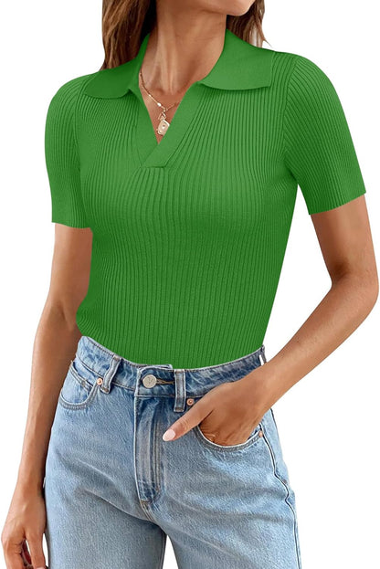 Ivicoer Womens V Neck Sweaters Dressy Casual Short Sleeve Sweater Slim Fit Lightweight Knit Tops