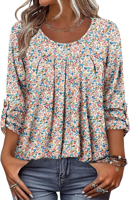 CRAZY GRID 3/4 Length Sleeve Women Tops Crewneck Pleated Cute Blouses Dressy Casual Summer T Shirts Loose Fit