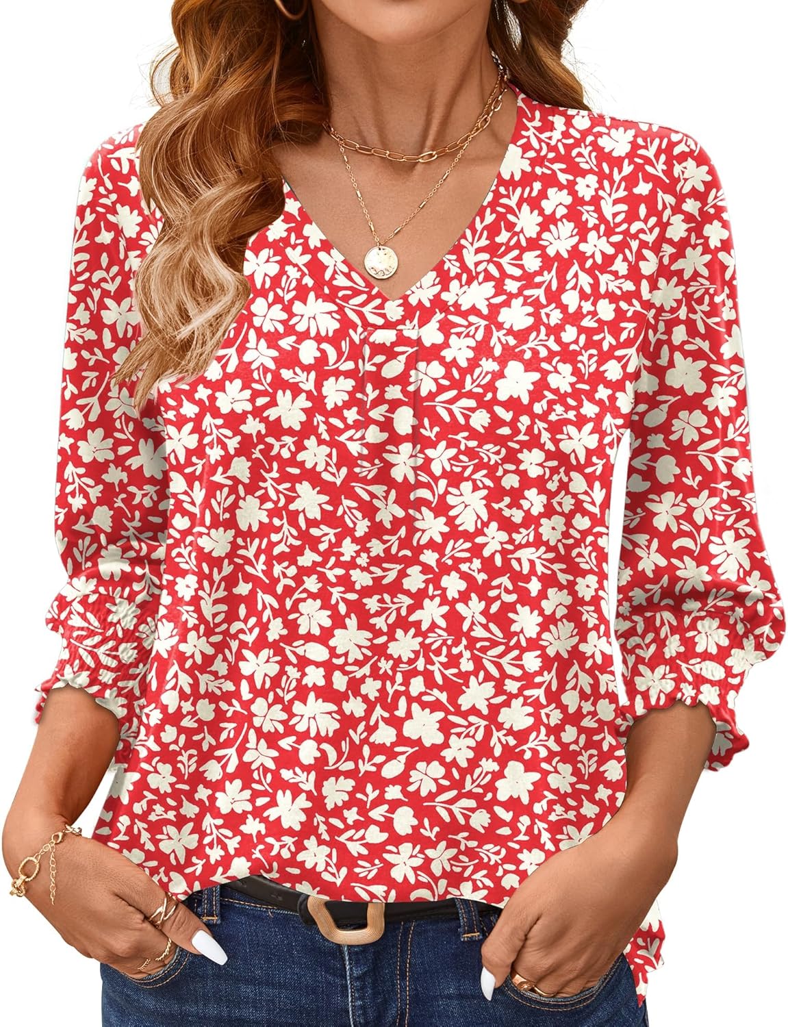 AKEWEI 3/4 Length Sleeve Womens Tops Summer Fashion V Neck Business Casual Blouses Smocked Shirts