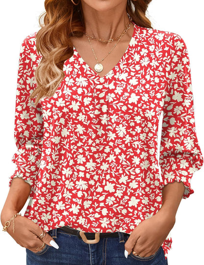 AKEWEI 3/4 Length Sleeve Womens Tops Summer Fashion V Neck Business Casual Blouses Smocked Shirts