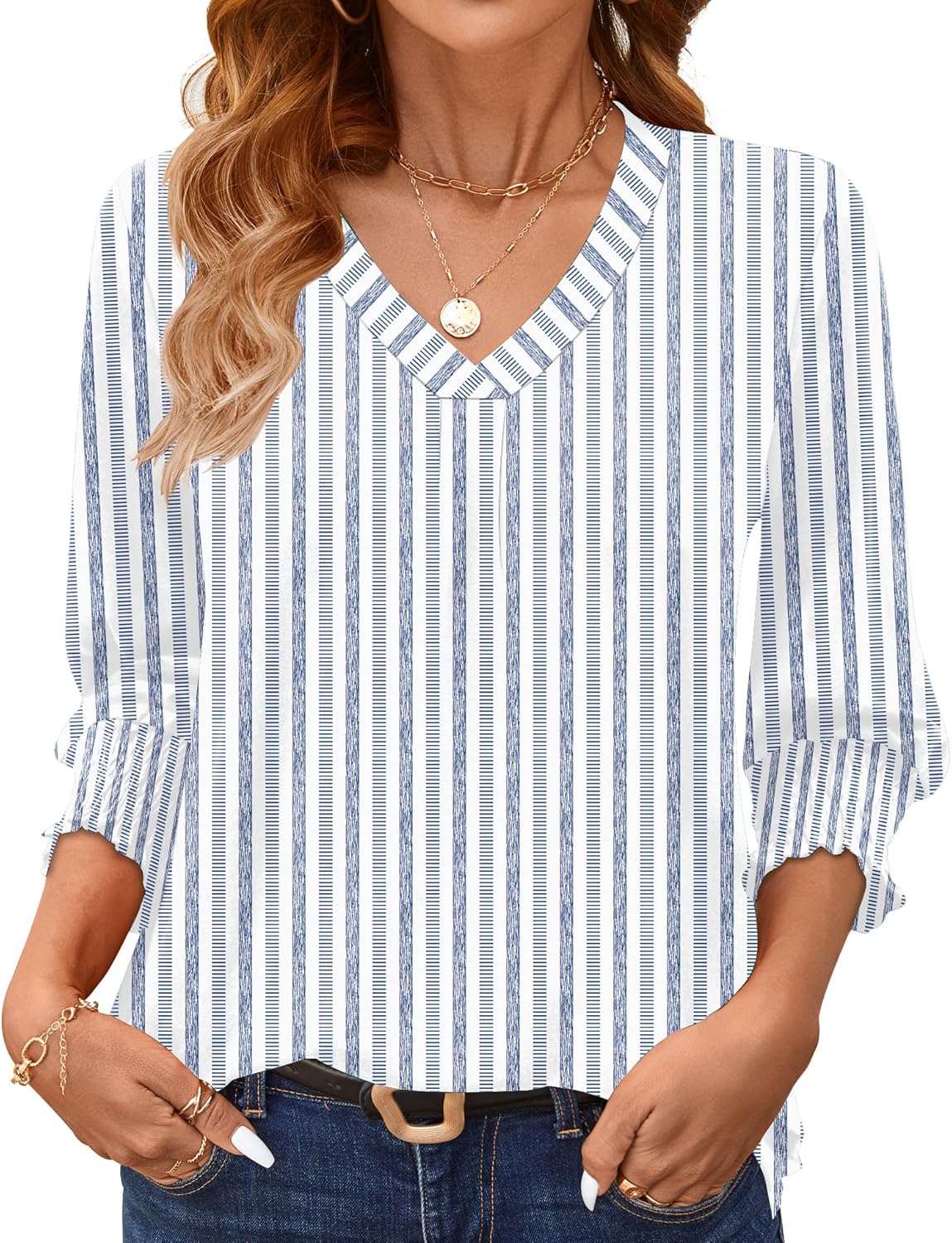 AKEWEI 3/4 Length Sleeve Womens Tops Summer Fashion V Neck Business Casual Blouses Smocked Shirts