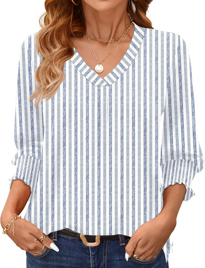 AKEWEI 3/4 Length Sleeve Womens Tops Summer Fashion V Neck Business Casual Blouses Smocked Shirts