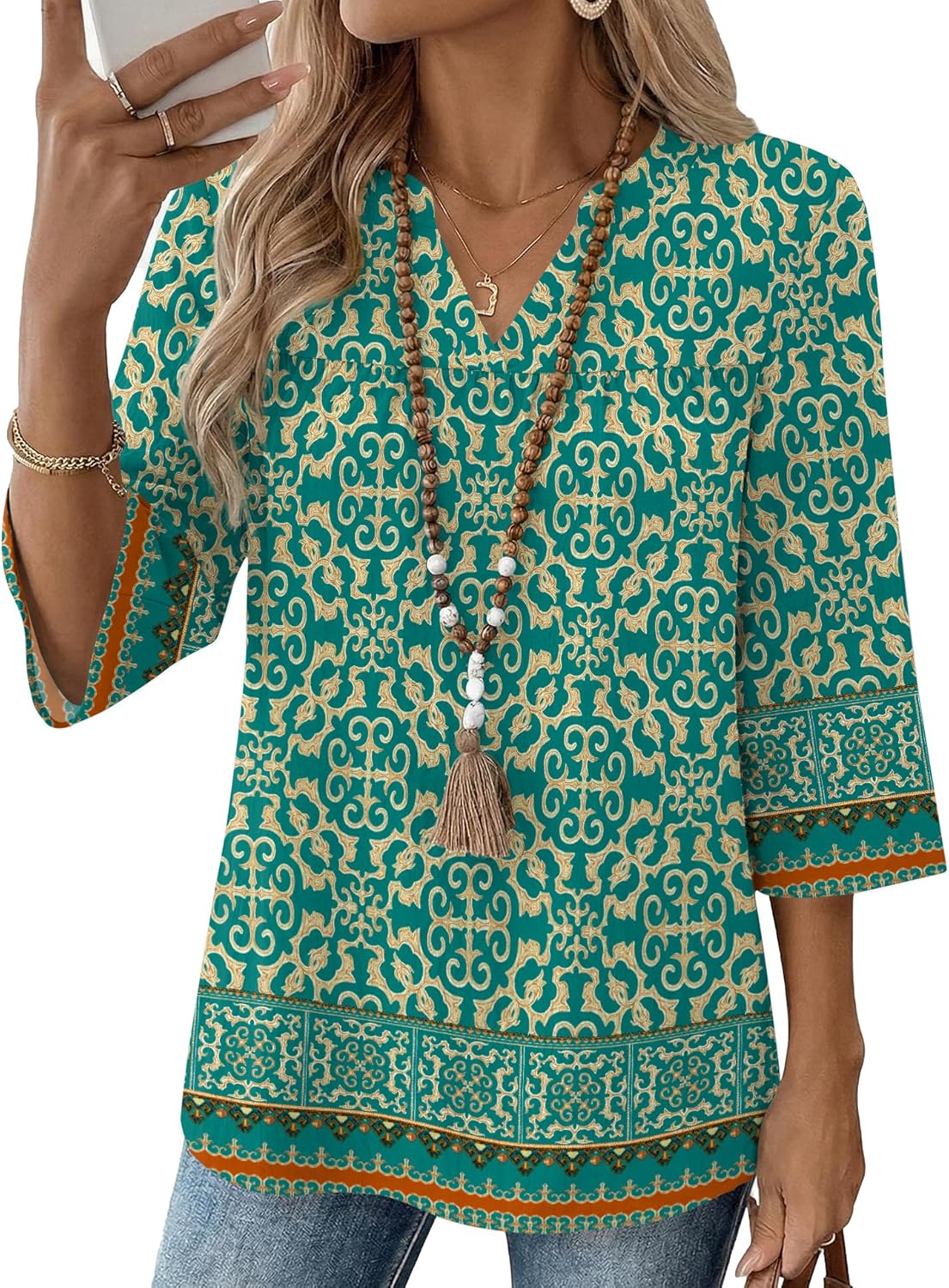 Rapbin Womens 3/4 Sleeve V Neck Boho Pleated Blouses for Women Dressy Casual Loose Fit Tops
