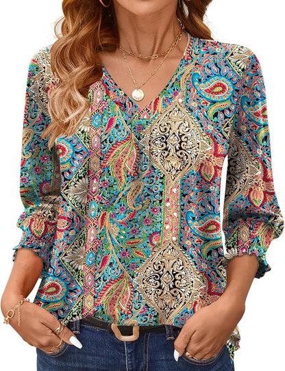 AKEWEI 3/4 Length Sleeve Womens Tops Summer Fashion V Neck Business Casual Blouses Smocked Shirts