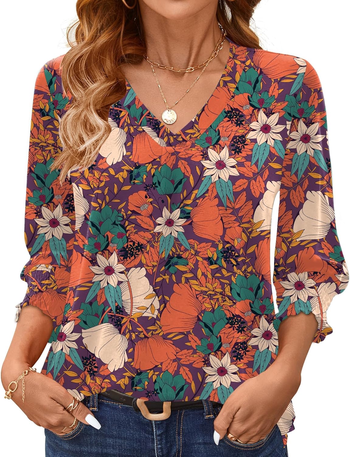 AKEWEI 3/4 Length Sleeve Womens Tops Summer Fashion V Neck Business Casual Blouses Smocked Shirts