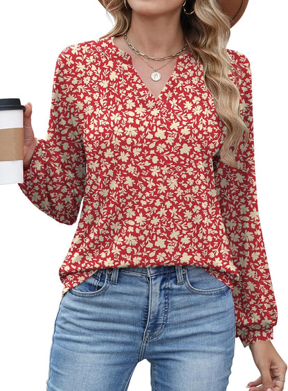 AKEWEI Women's Blouses V Neck Dressy Casual Lantern Long Sleeve Tops Business Work Raglan Shirts Fashion