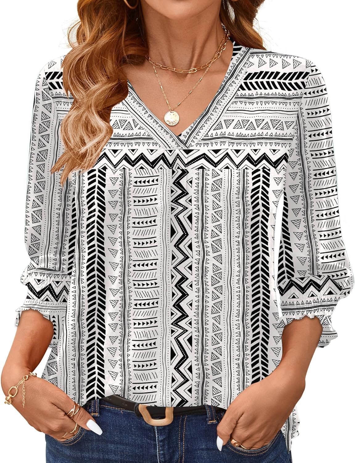 AKEWEI 3/4 Length Sleeve Womens Tops Summer Fashion V Neck Business Casual Blouses Smocked Shirts
