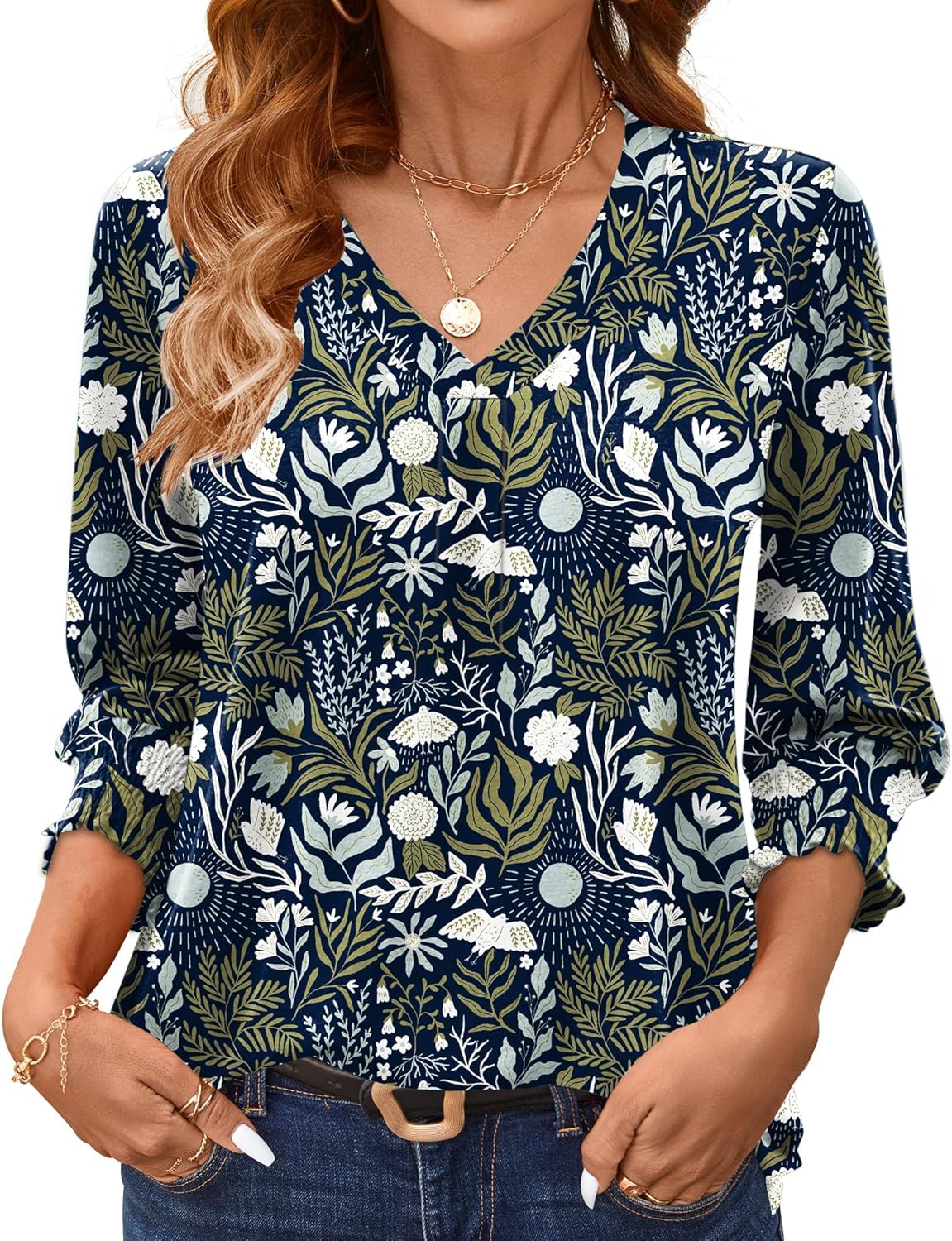 AKEWEI 3/4 Length Sleeve Womens Tops Summer Fashion V Neck Business Casual Blouses Smocked Shirts