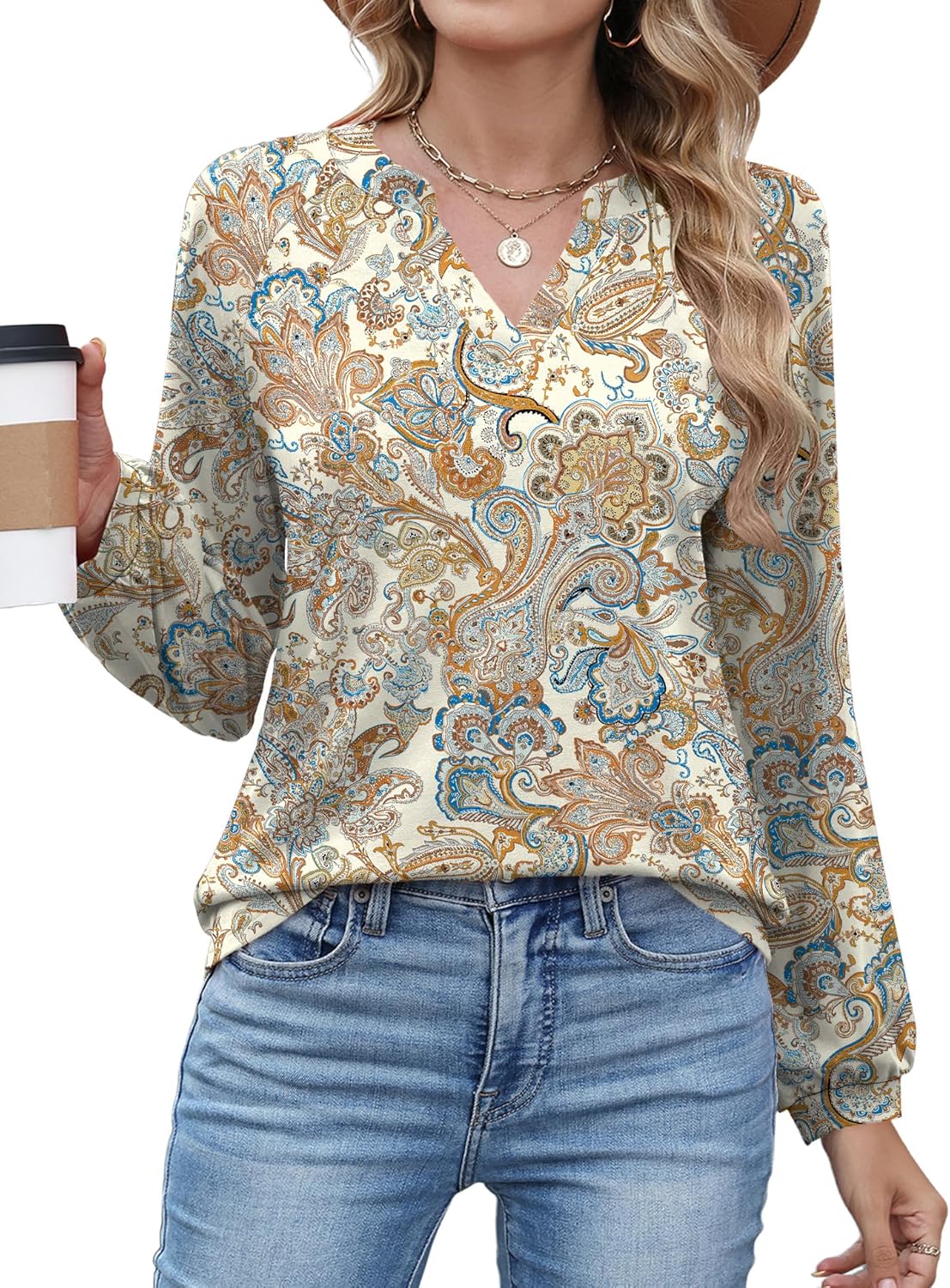 AKEWEI Women's Blouses V Neck Dressy Casual Lantern Long Sleeve Tops Business Work Raglan Shirts Fashion