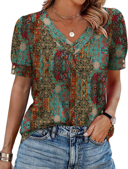 WIHOLL Womens Tops Boho Summer Outfits 2026 Short Sleeve Shirts with Bottons Beach Vacation Clothes Casual S-3XL