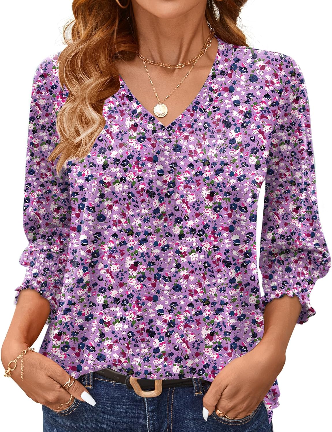 AKEWEI 3/4 Length Sleeve Womens Tops Summer Fashion V Neck Business Casual Blouses Smocked Shirts