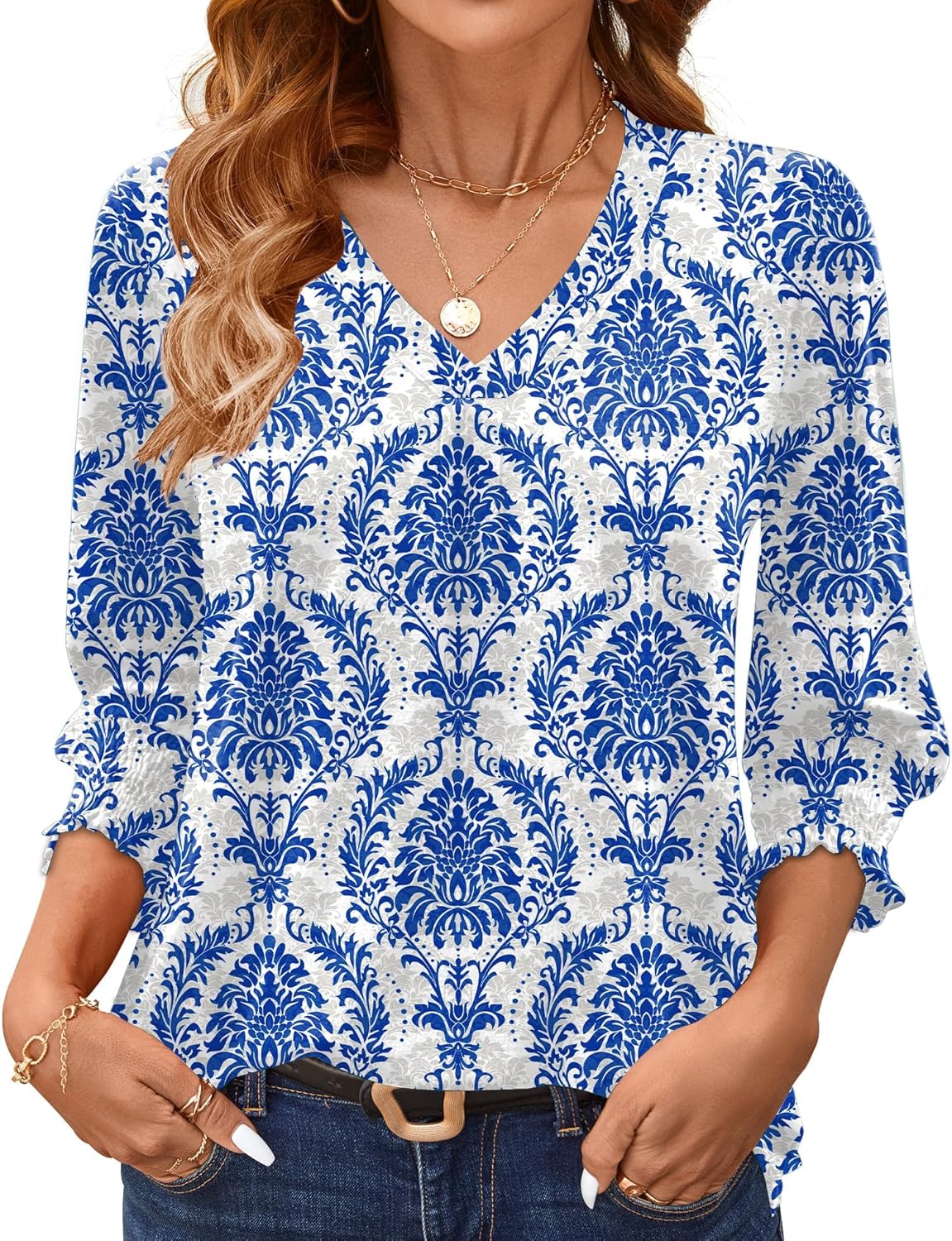 AKEWEI 3/4 Length Sleeve Womens Tops Summer Fashion V Neck Business Casual Blouses Smocked Shirts