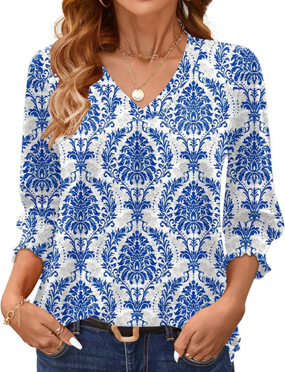 AKEWEI 3/4 Length Sleeve Womens Tops Summer Fashion V Neck Business Casual Blouses Smocked Shirts