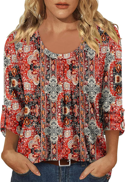 CRAZY GRID 3/4 Length Sleeve Women Tops Crewneck Pleated Cute Blouses Dressy Casual Summer T Shirts Loose Fit