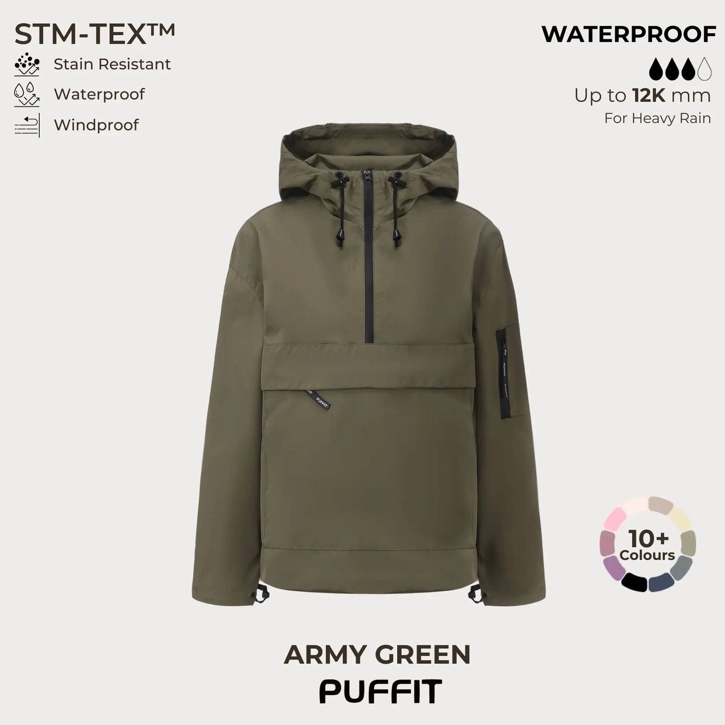 STM-TEX Waterproof Oversized Hoodie Coat – Warm Half-Zip Rain & Windproof Jacket with Adjustable Waist, Hood & Cuffs
