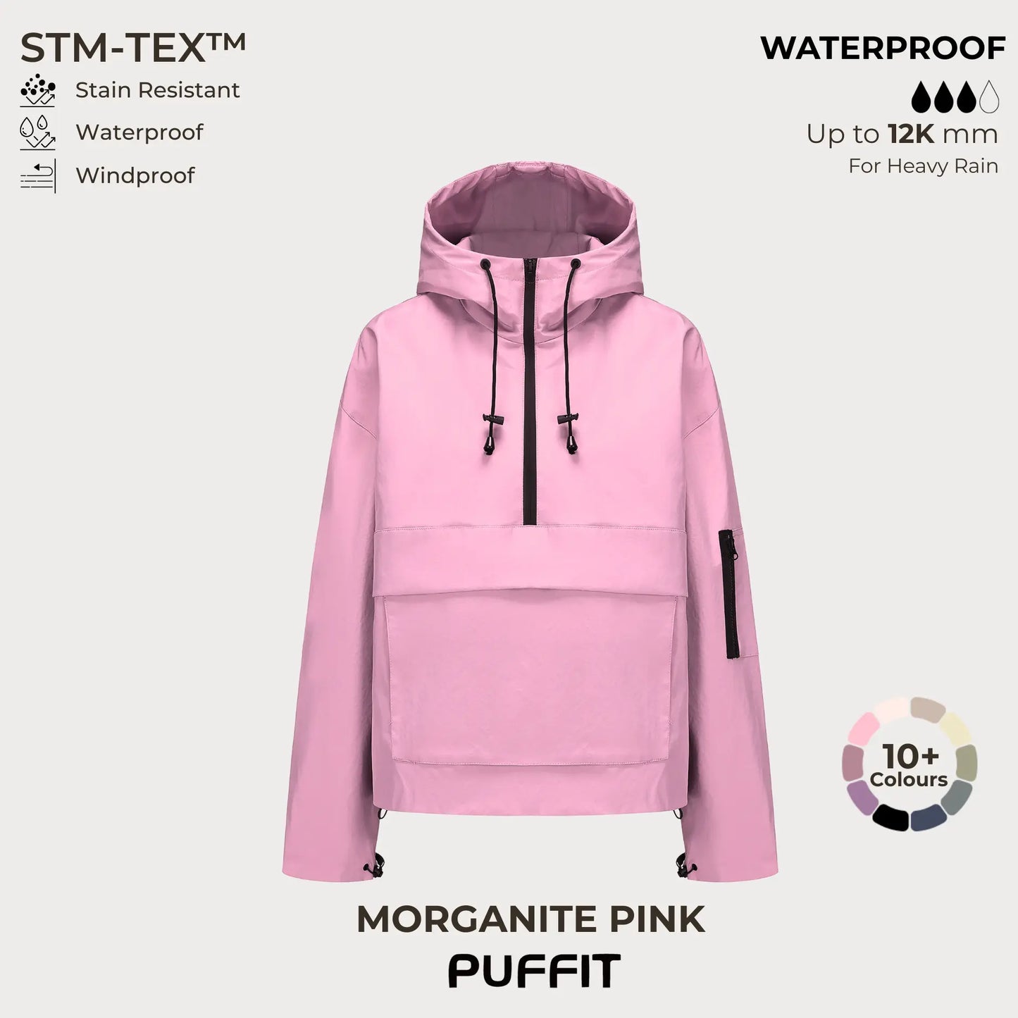STM-TEX Waterproof Oversized Hoodie Coat – Warm Half-Zip Rain & Windproof Jacket with Adjustable Waist, Hood & Cuffs