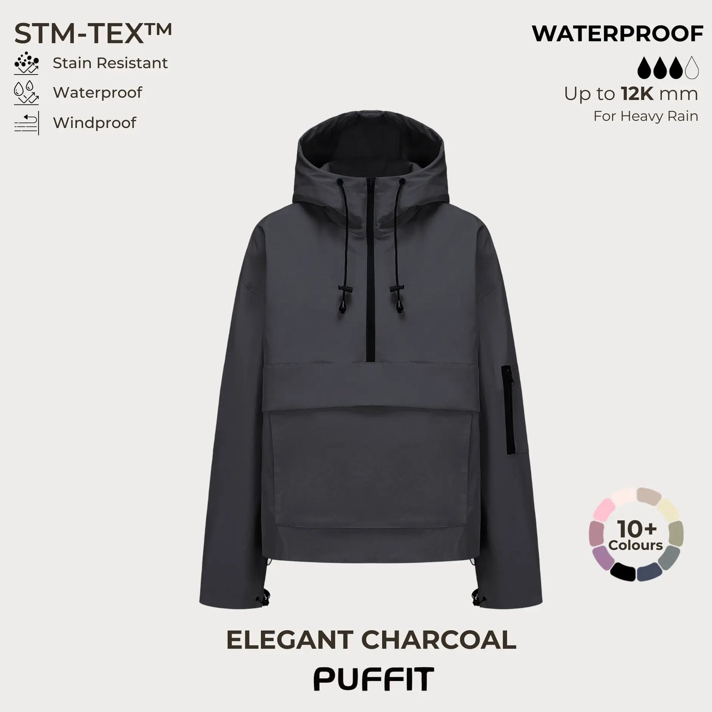 STM-TEX Waterproof Oversized Hoodie Coat – Warm Half-Zip Rain & Windproof Jacket with Adjustable Waist, Hood & Cuffs
