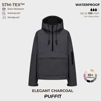 STM-TEX Waterproof Oversized Hoodie Coat – Warm Half-Zip Rain & Windproof Jacket with Adjustable Waist, Hood & Cuffs