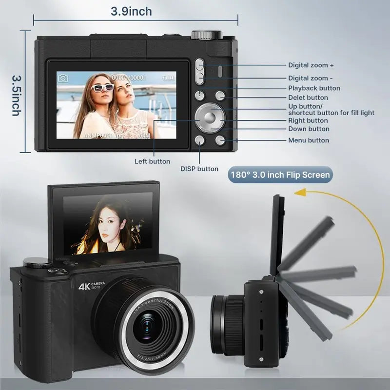 Digital Camera for Photography, Y2K Foldable Screen Portable Vlogging Camera with 32GB SD Card, Wrist Strap, Self Timer, Smooth Video vlogging Camera